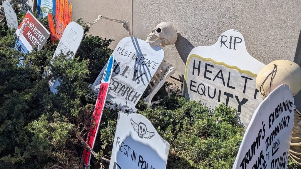 A "graveyard" of cancelled research with fake skeletons and tombstones reading "Rest in Peace" for different disciplines, like HIV research.